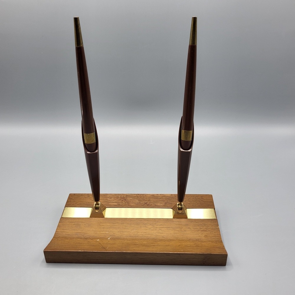Vintage Double Pen Desk Set Wood Brass MCM Office Decor Brown